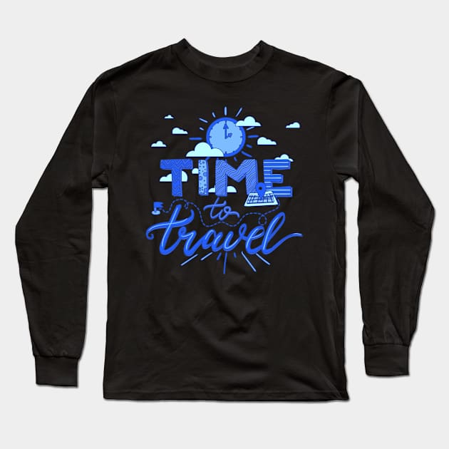 Time To Travel Blue Long Sleeve T-Shirt by Usea Studio